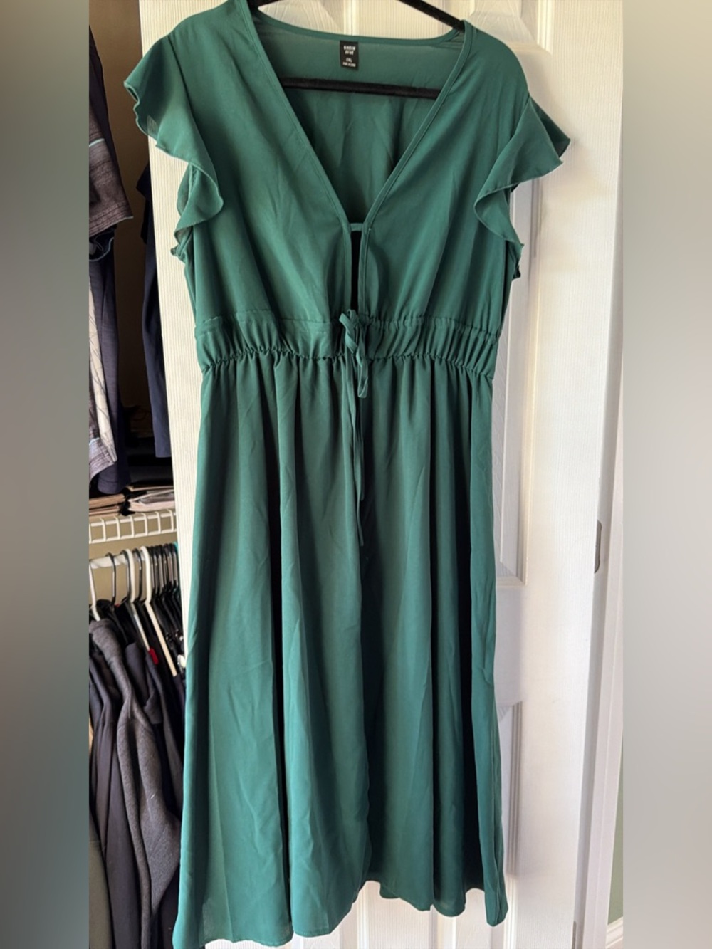 SHEIN Emerald Green Midi Dress with Ruffle Sleeves